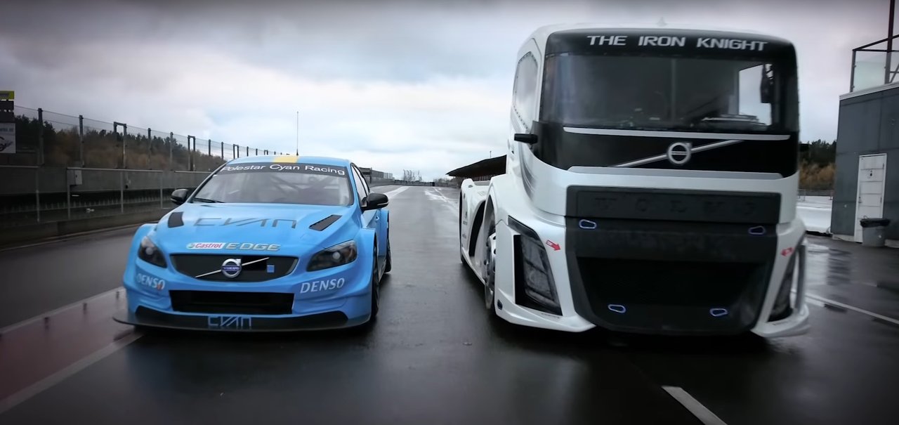 Vídeo da Volvo mostra embate entre caminhão de 2 mil cv e carro de corrida