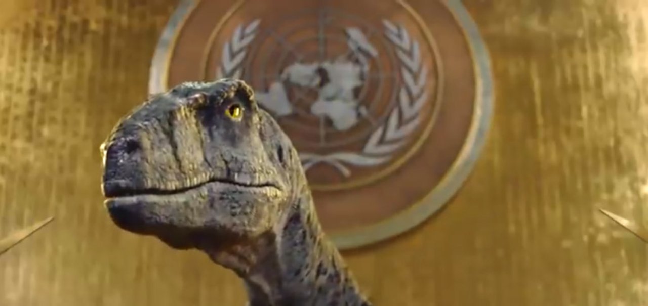 Dinossauro 'invade' ONU para fazer alerta sobre o clima; veja vídeo