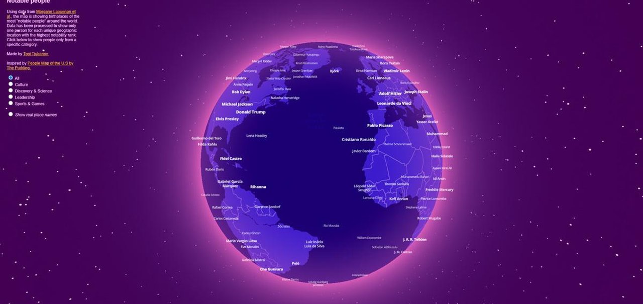 Mapa-múndi interativo mostra pessoas notáveis de cada lugar