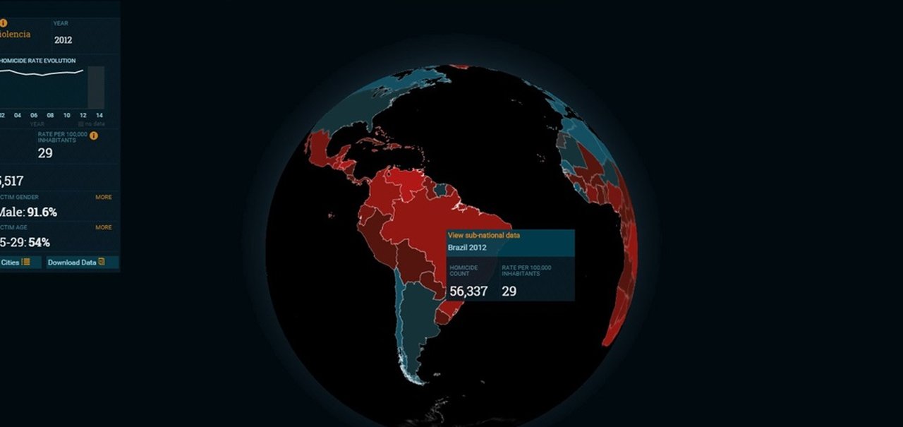 Mapa em 3D criado por brasileiros mostra taxa de homicídios de todo o Globo