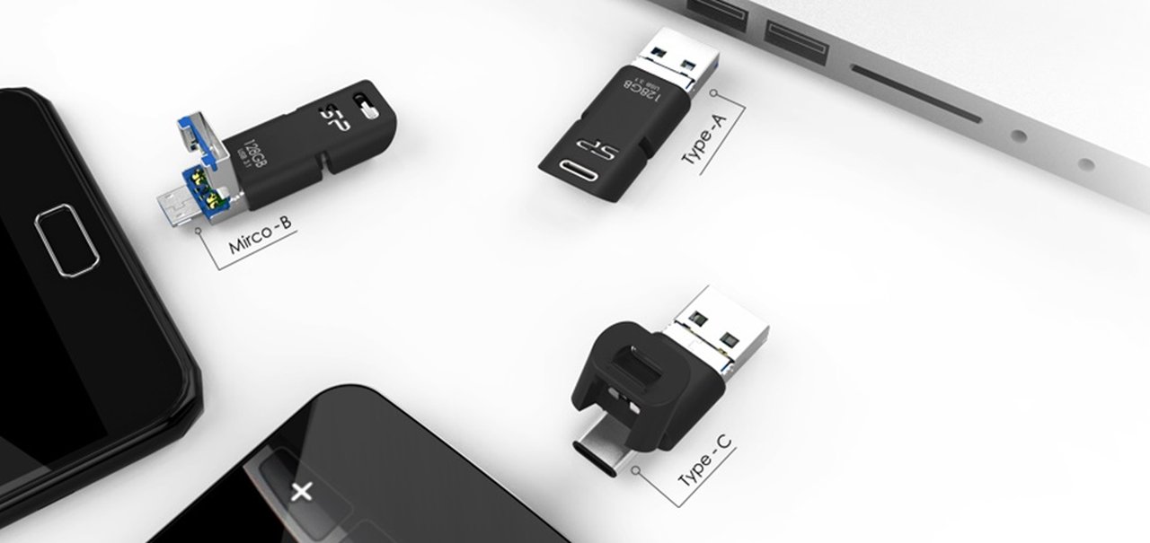 Pendrive estilo ‘canivete suíço’ tem conexões USB-A, USB-C e micro USB