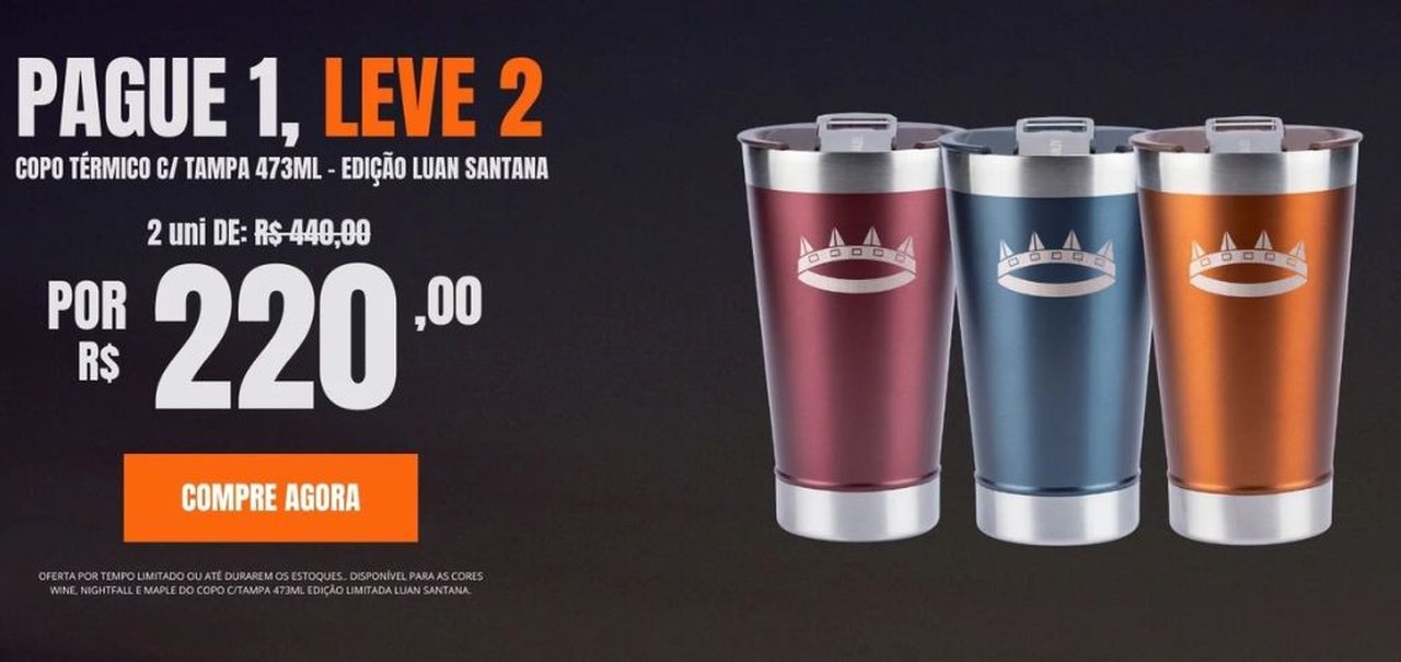 Promoção de copo Stanley com tampa: pague 1 e leve 2