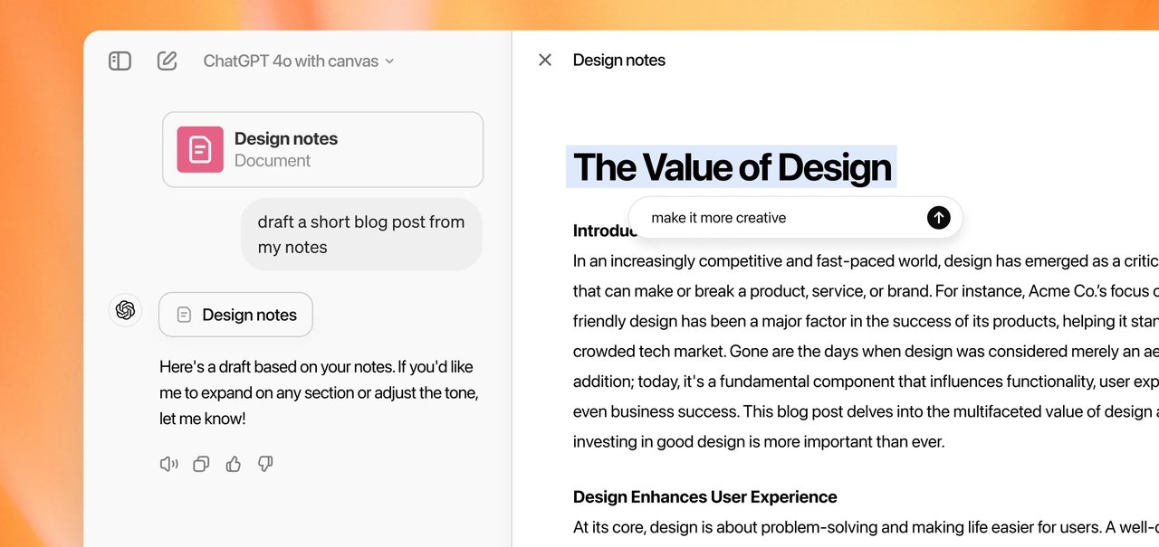 ChatGPT ganha 'Canvas' para pedir ajustes e revisões de forma mais precisa