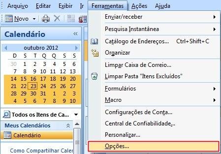 Abrindo as opções do Outlook