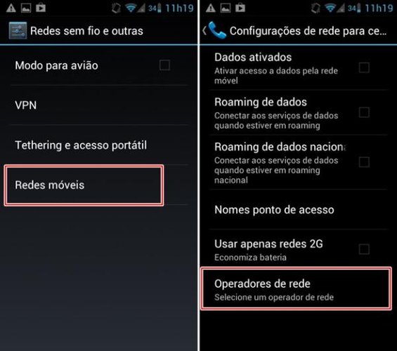 Abrindo as configurações de redes móveis