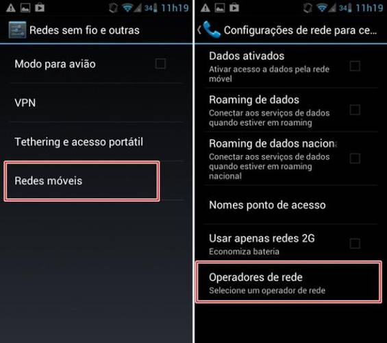 Abrindo as configurações de redes móveis