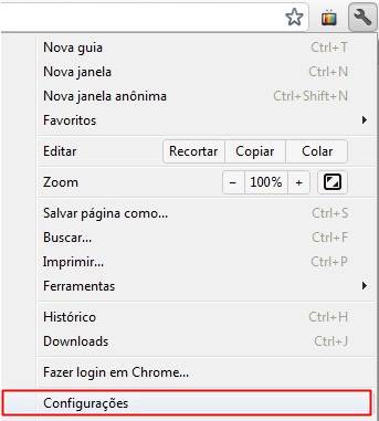 Abrindo as configurações do navegador