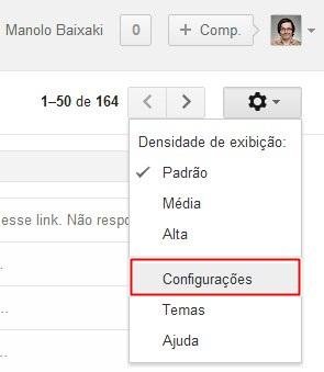 Abrindo as configurações do Gmail