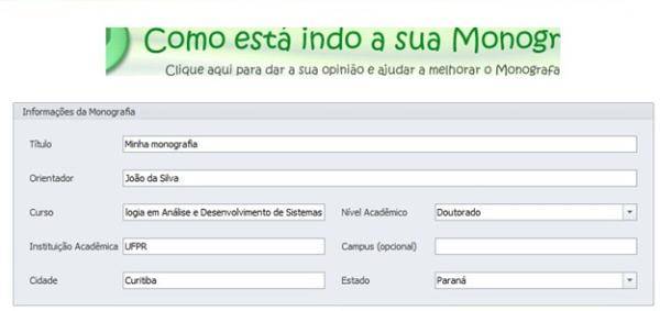 Preenchendo os dados da folha de rosto