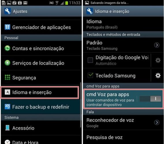 Configurações para ativar o comando de voz