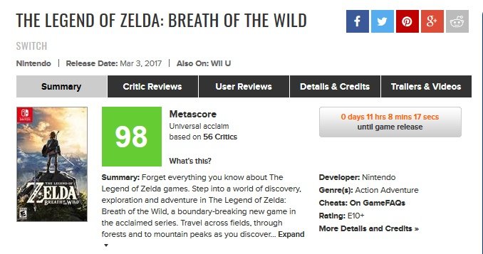 Zelda: Breath Of The Wild Is Currently 98 On Metacritic - My