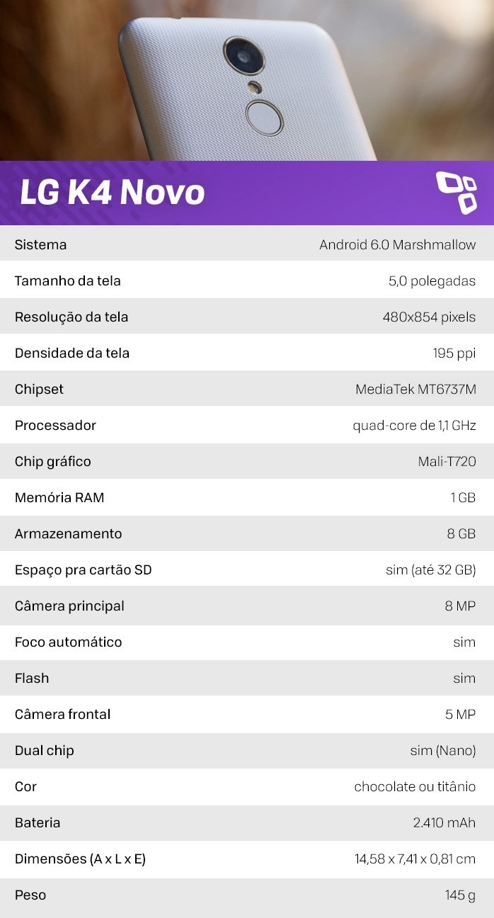 Especificações do LG K4 Novo