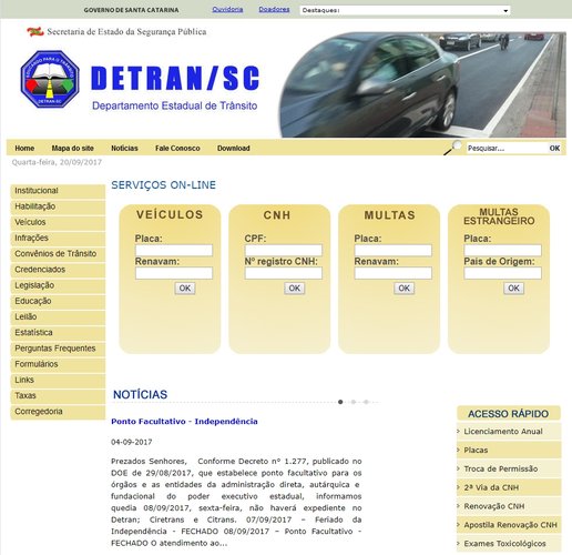 Uma captura do site detran