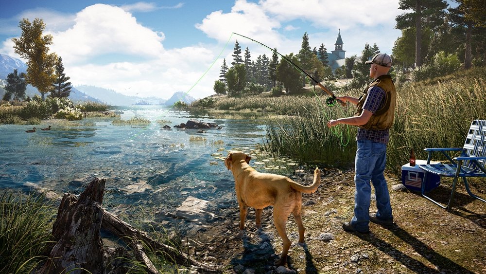 Far Cry 5 pescaria cachorro