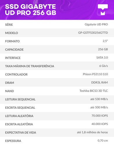 Dados SSD GIGABYTE UD PRO 256