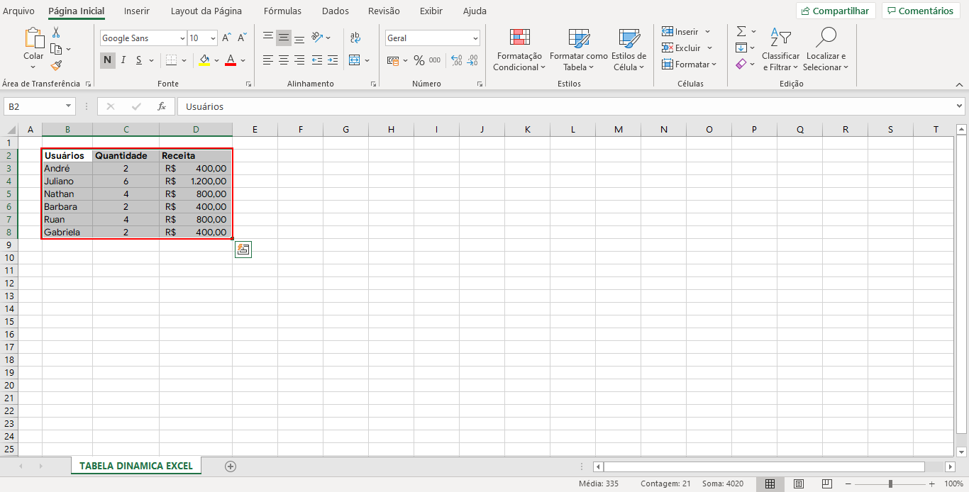 Excel com dados em forma de tabela selecionados 