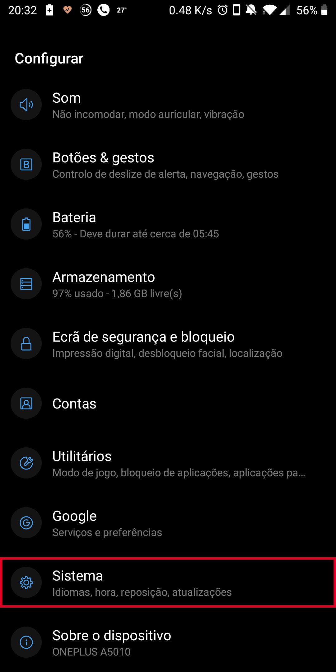tela de configurações do android 9