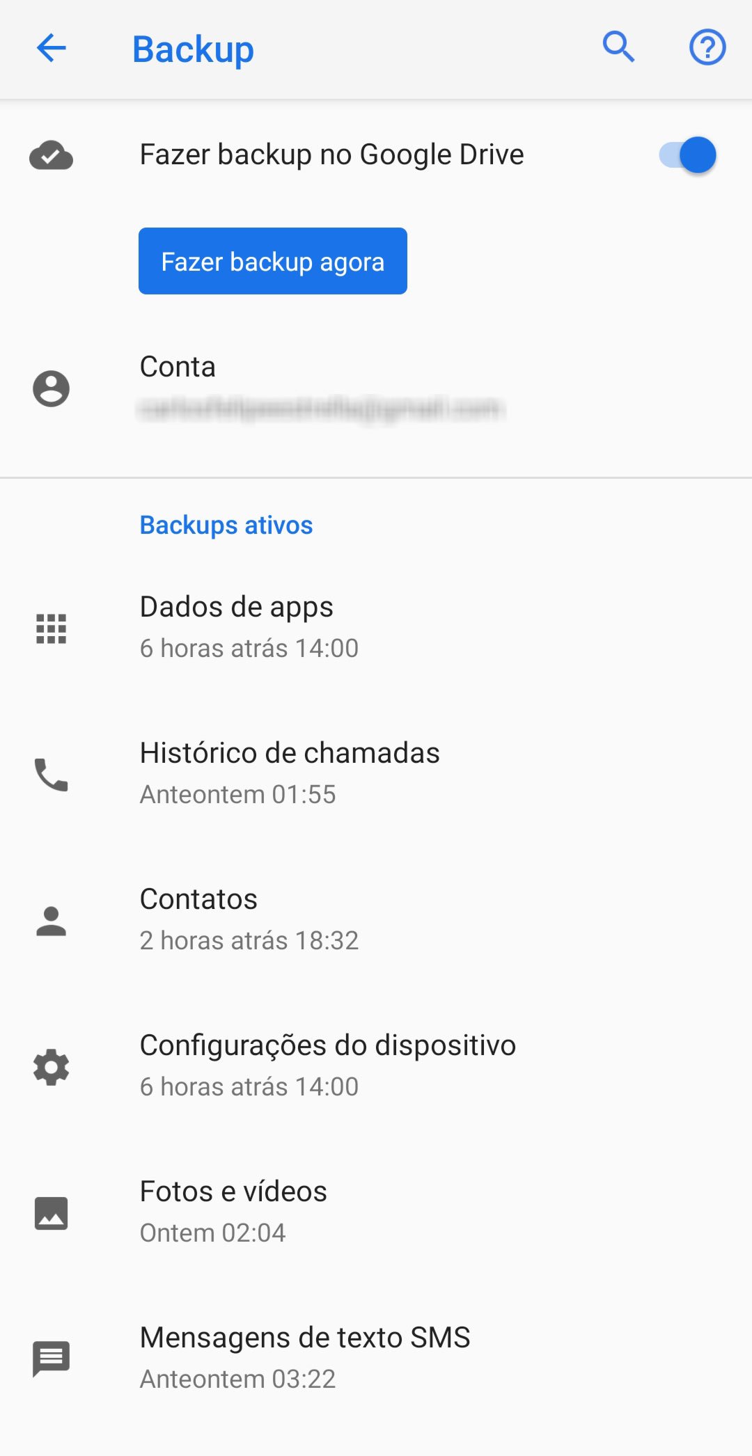 escolha de backup pelo google drive no android 9