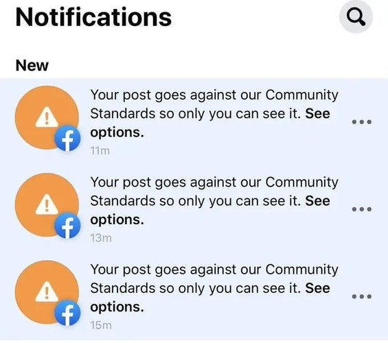 Notificações do Facebook informando sobre as publicações marcadas como spam. (Fonte: Twitter/Josh Russel/Reprodução)