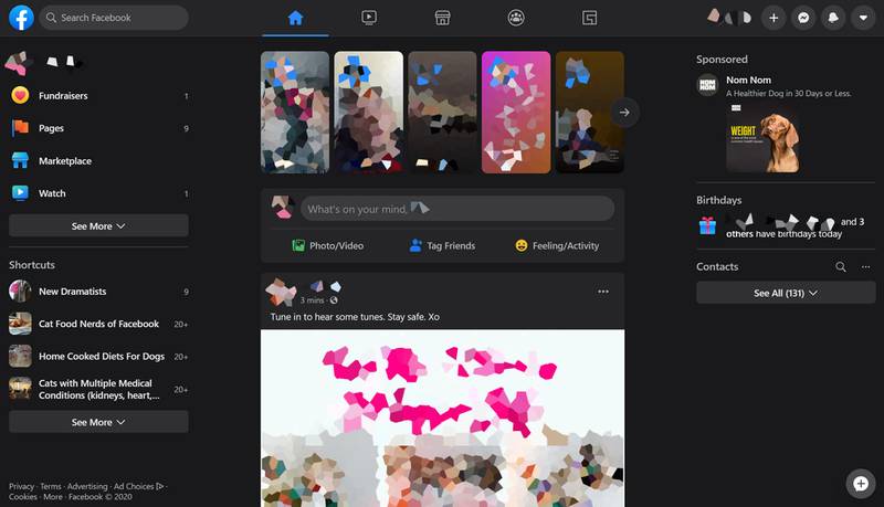 Novo Facebook para desktops, com o tema escuro ativado. (Fonte: The Next Web/Reprodução)