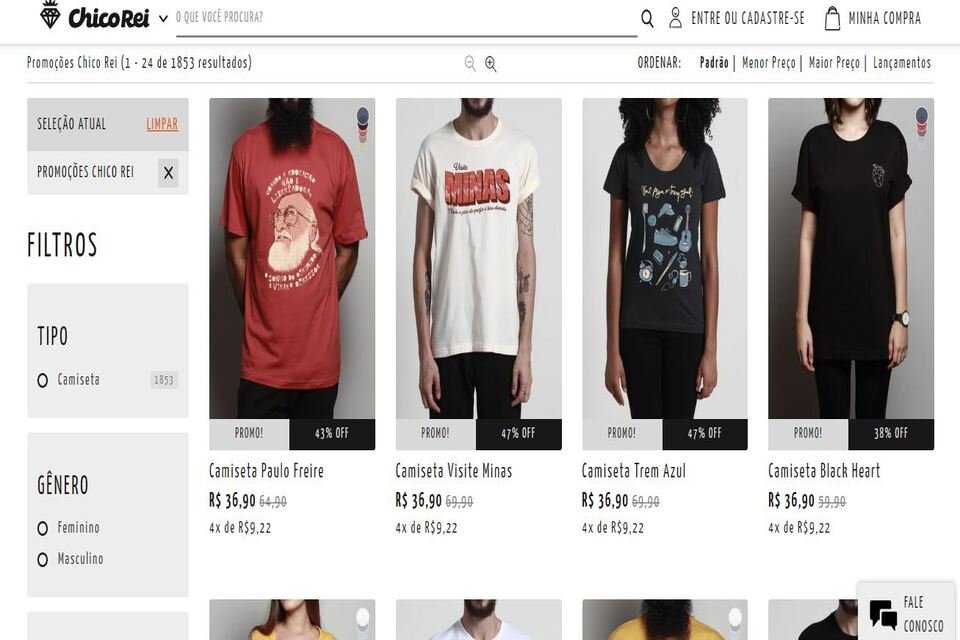 Todas as camisetas no site da Chico Rei estão por R$ 39,90