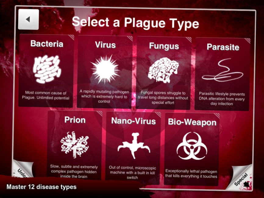 Em Plague Inc., o jogador pode escolher com qual tipo de praga ele irá jogar