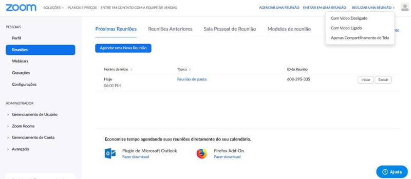 O menu lateral esquerdo oferece as possibilidades de configuração do usuário, das chamadas e das reuniões.