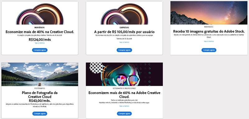 As opções de assinatura do Creative Cloud