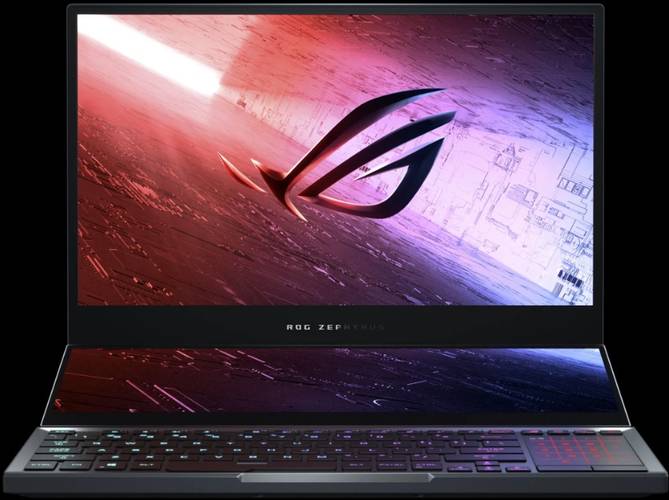 O novo notebook com duas telas visto de frente.