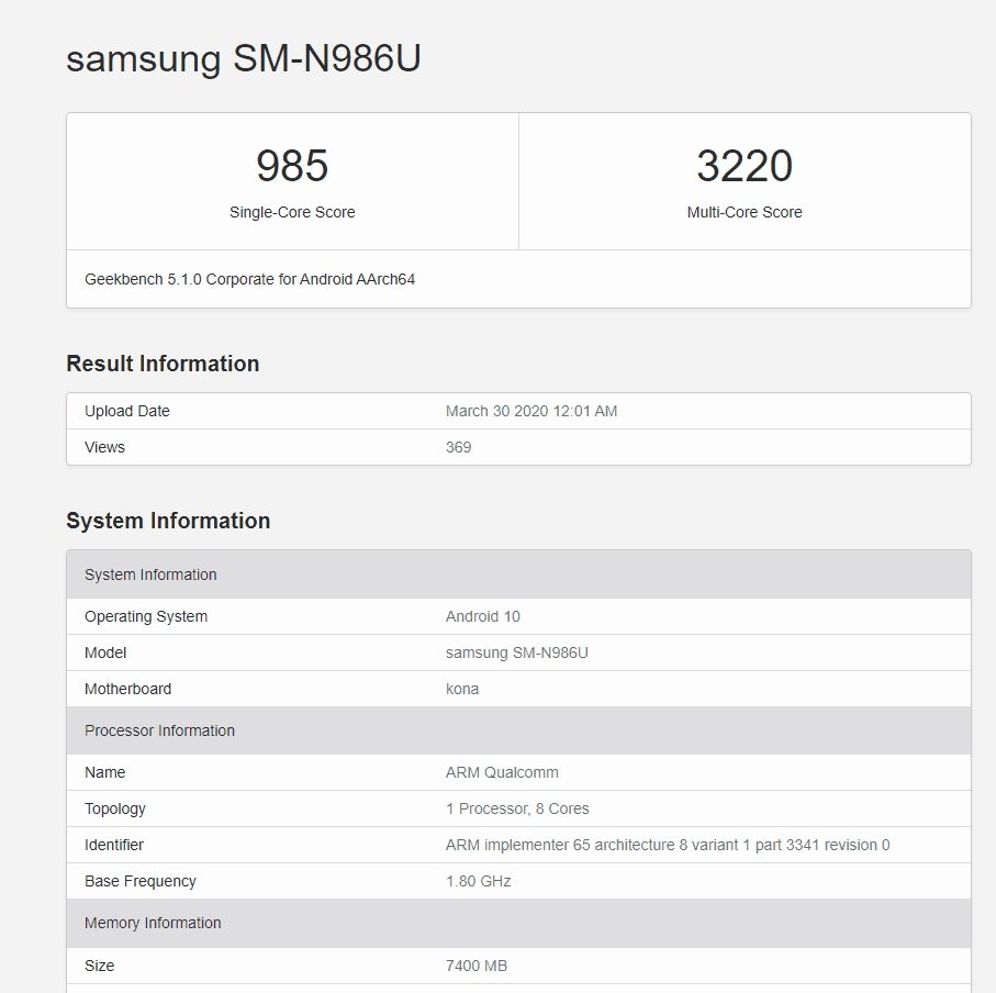 Dados do Galaxy Note 20+ no Geekbench. (Fonte: Android Headlines/Reprodução)