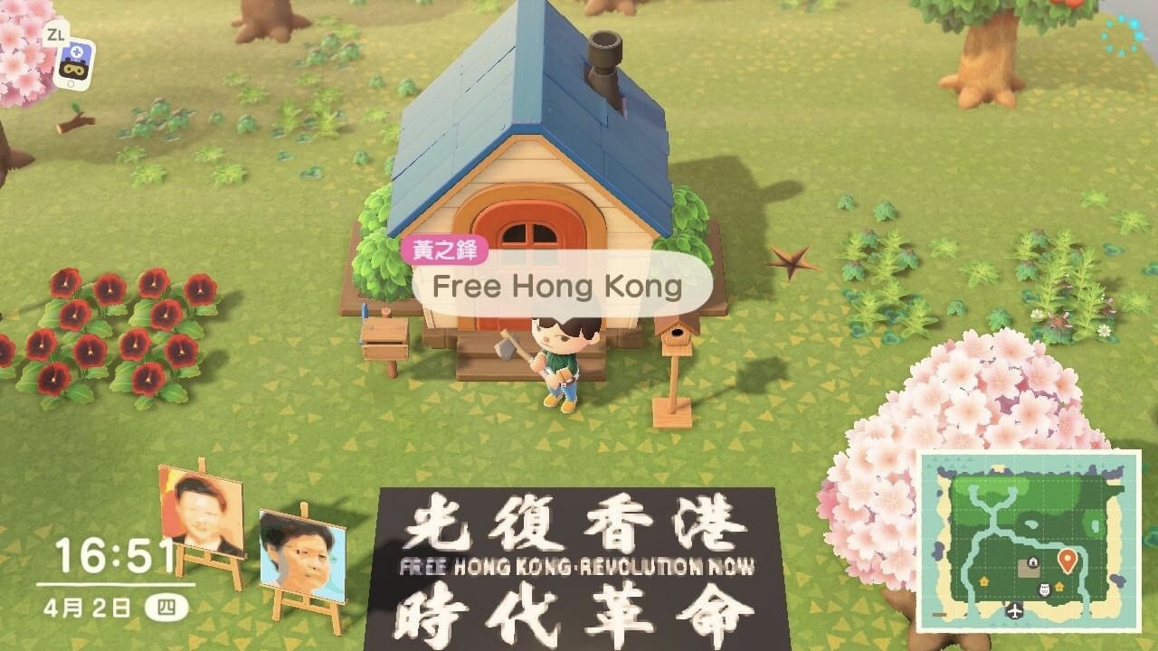 Imagem do protesto de Joshua Wong em Animal Crossing: New Horizons