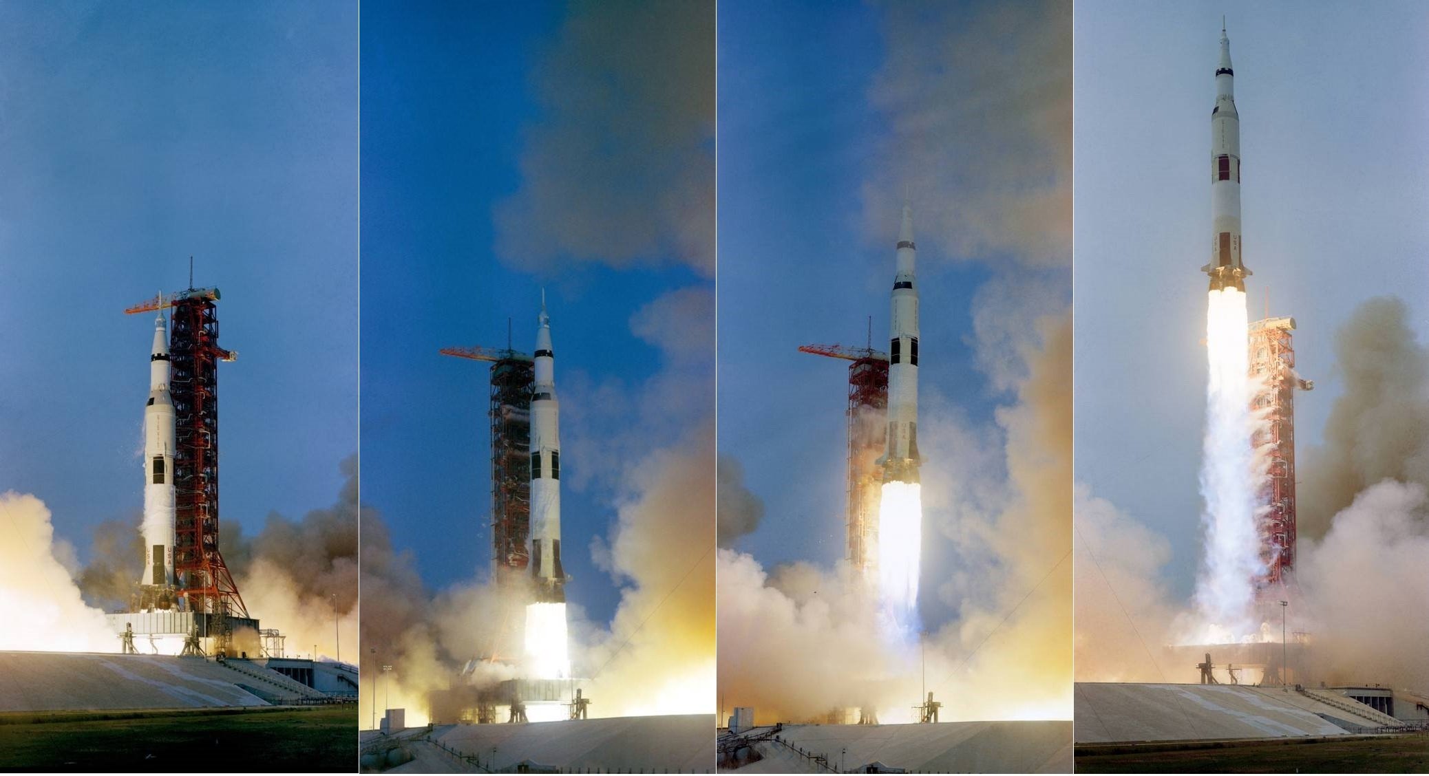Sequência de lançamento do foguete Saturno V, levando a bordo os astronautas da missão Apollo 13.