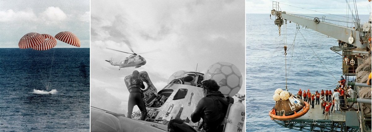 O módulo de comando pousa no Pacífico, sendo resgatado pelo USS Iwo Jima.