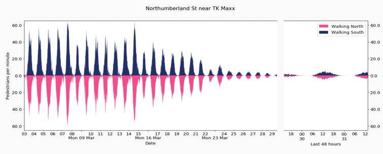 Quantidade de pedestres por minuto andando para o norte (azul) e para o sul (rosa).