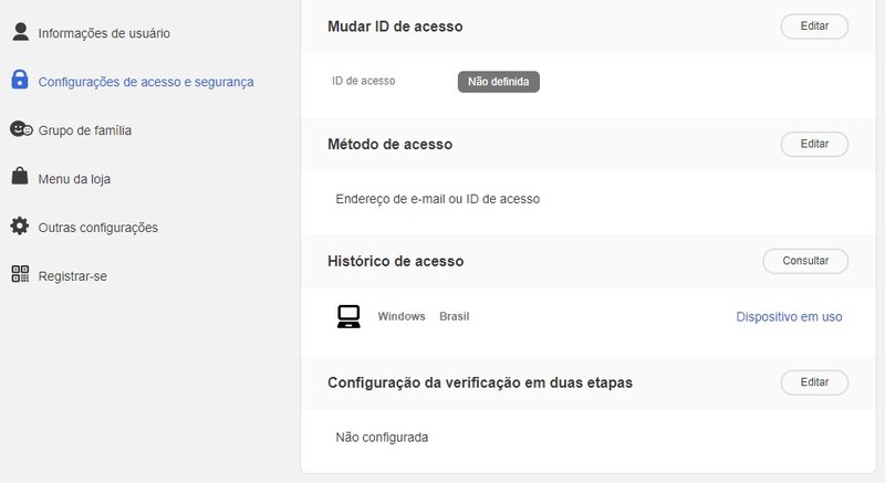 A janela de configurações da conta.