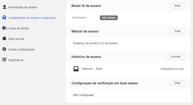 A janela de configurações da conta.