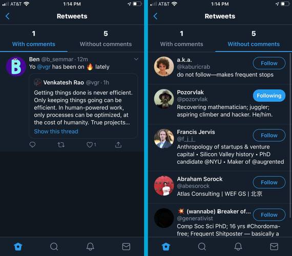 Nova interface de 'Retweets' mostra usuários que compartilharam publicações com comentários.