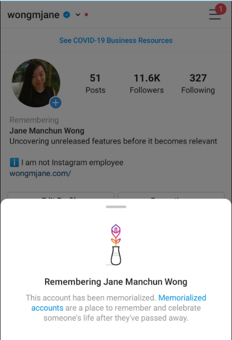 Captura de tela mostra como seria um perfil com o memorial de falecimento no Instagram