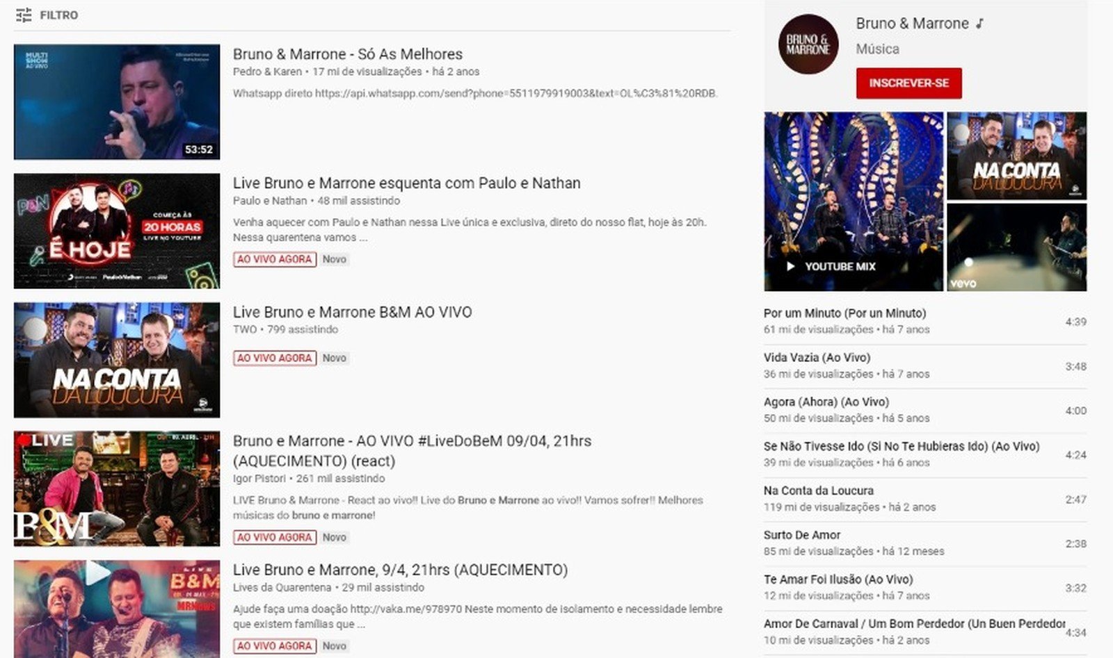Lives falsas de Bruno & Marrone listadas no YouTube