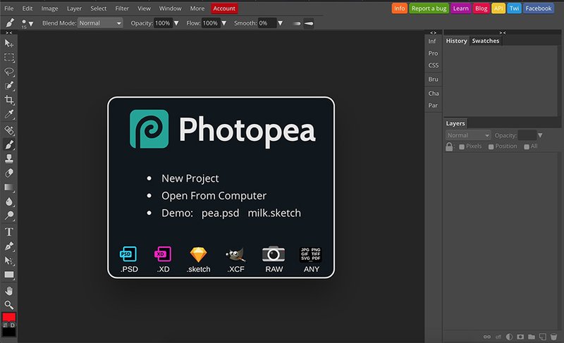 Photopea aceita a maioria dos formatos de arquivo