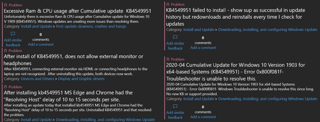 Alguns dos problemas relatados pelos usuários do Windows 10. (Fonte: Pplware/Microsoft Answers/Reprodução)