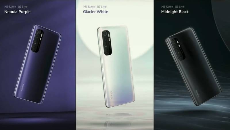 As três cores disponíveis do Mi Note 10 Lite.
