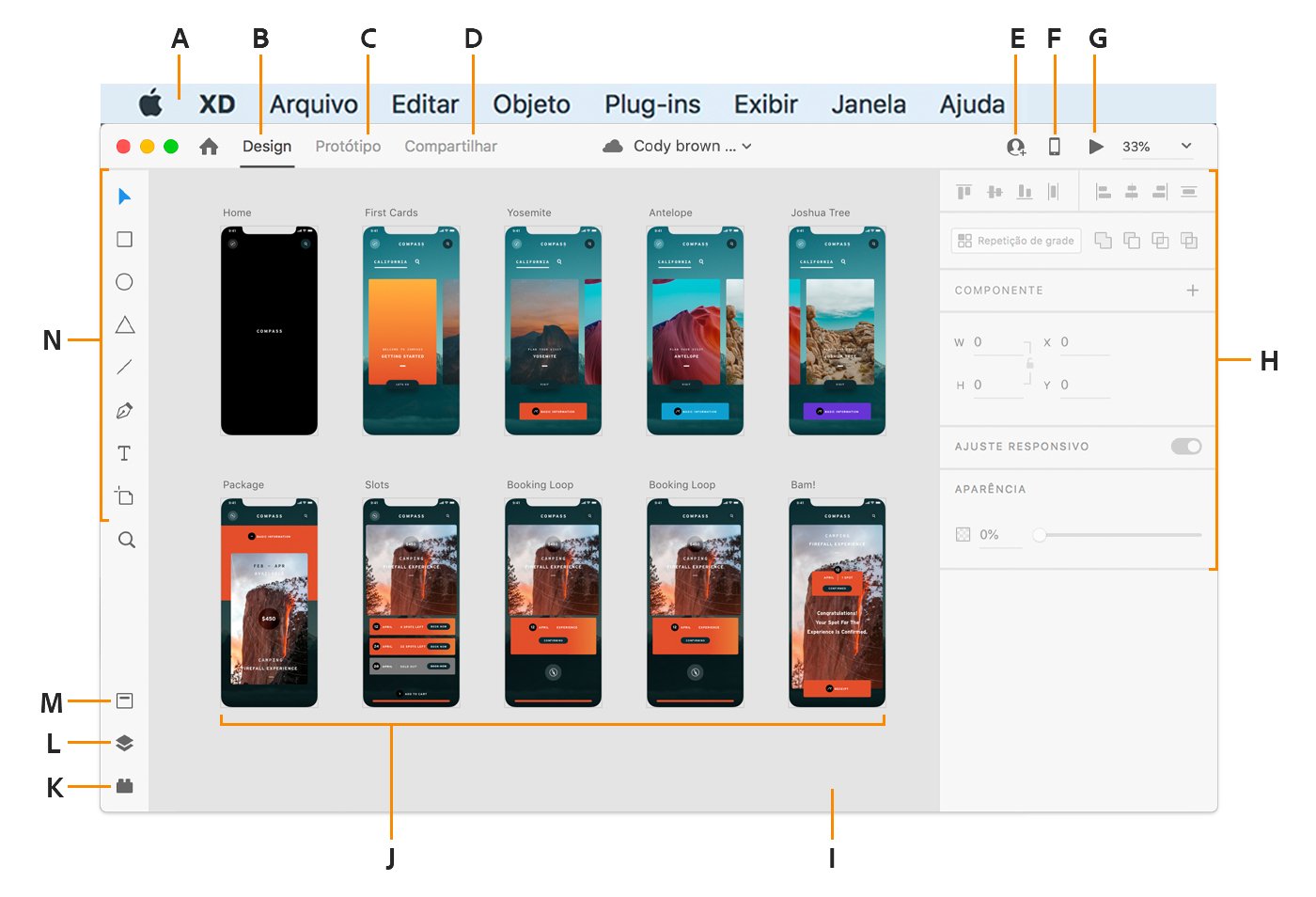 Interface do Adobe XD durante criação de projeto de aplicativo móvel.