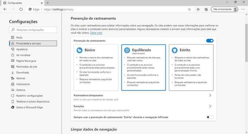 Tela com os níveis de prevenção de rastreamento.