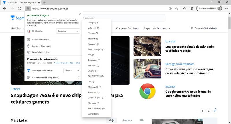 Com o Edge, é possível verificar os rastreadores bloqueados em cada site.