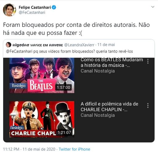 O youtuber confirmou o motivo do bloqueio dos vídeos.