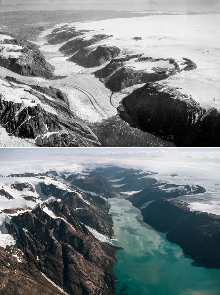 A geleira de Sukkertoppen, na Groenlândia, em 1935 (acima) e 2013 (abaixo).