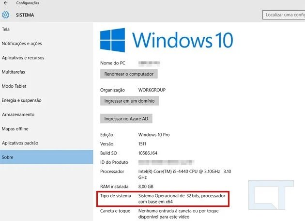 Windows 10 32 bits. (Fonte: Canaltech/Reprodução)