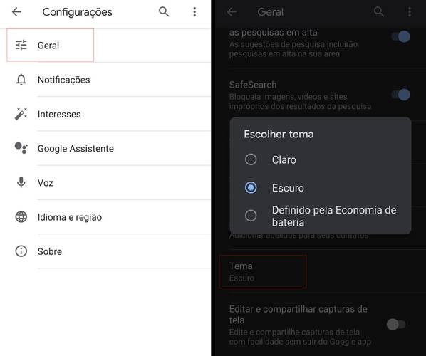 Dentro das Configurações, vá em "Geral" e, em seguida, "Tema"