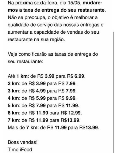 Mensagem enviada a restaurantes sobre a mudança de preços nas taxas de entrega.